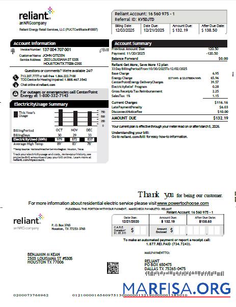 Printable USA Reliant Energy utility bill template in Word and PDF formats, version 2